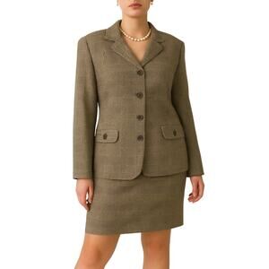 Vintage La Belle Brown Houndstooth Skirt Suit Size 14 Large Retro Corpcore